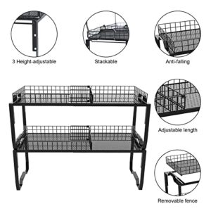 JKsmart Expandable Cabinet Shelf Organizers, Stackable Kitchen Countertop Shelves with Removable Fence, Cupboard Stand Storage Shelves Height and Length Adjustable, 2-tier Spice Rack