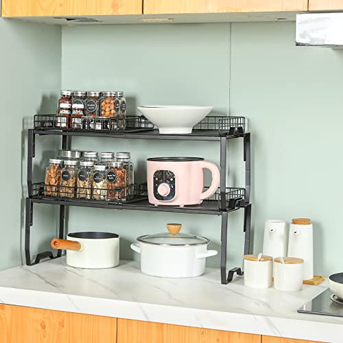 JKsmart Expandable Cabinet Shelf Organizers, Stackable Kitchen Countertop Shelves with Removable Fence, Cupboard Stand Storage Shelves Height and Length Adjustable, 2-tier Spice Rack