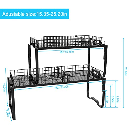 JKsmart Expandable Cabinet Shelf Organizers, Stackable Kitchen Countertop Shelves with Removable Fence, Cupboard Stand Storage Shelves Height and Length Adjustable, 2-tier Spice Rack