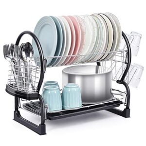 toolf 2-tier dish rack,easy assemble large capacity dish drying rack with side mounted utensil holder and cup holder, organizing dishes kitchen counter top or sink side