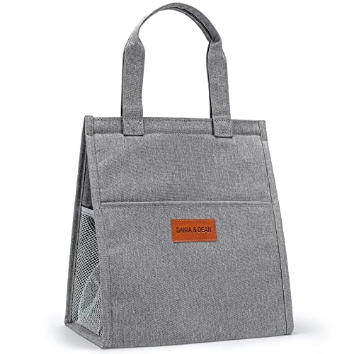 DANIA & DEAN Lunch Bag, Portable large Lunchbox for Women/Men/Adult/Student, Insulated Thermal Tote Bag, Leakproof Cooler Bag with Drinks Holder, Suitable for Work/School/Travel/Picnic（Grey）