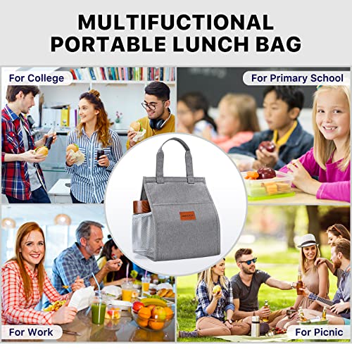 DANIA & DEAN Lunch Bag, Portable large Lunchbox for Women/Men/Adult/Student, Insulated Thermal Tote Bag, Leakproof Cooler Bag with Drinks Holder, Suitable for Work/School/Travel/Picnic（Grey）