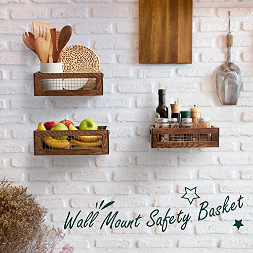 NAGAWOOD Wooden Nesting Countertop Baskets Set of 3 for Kitchen, Bathroom, Pantry|Wall Mount Upgrade with Full Accessories|Wooden storage organizer For Fruit, Vegetables, Produce, Bread|Wooden Crate with handles|Decorative Walnut Wood and Metal Wire