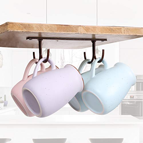 Fvstar 2pcs Mugs Holder Under Cabinet,Coffee Cups Hooks Under Shelf,Metal Mugs Drying Racks,Iron Mugs Hanging Organizer,Under Cabinet Hanger for Mugs,Kitchen Utensils,Black