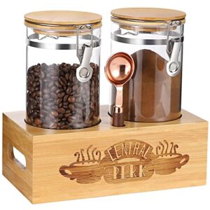 glass coffee containers with central perk shelf, friends tv show coffee bean storage jar merchandise gifts, 2pcs 49oz coffee grounds container with spoon and funnel, coffee canister for ground coffee