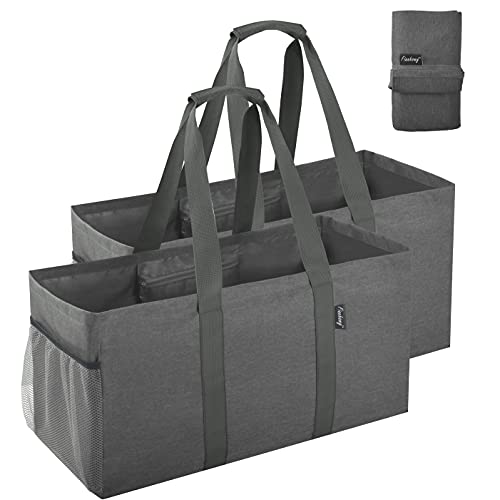 Finnhomy 42L Extra Large Utility Tote Bag, Durable Oxford Fabric Storage Bag with Handles and Pockets, Reusable Folding Grocery Bags Totes for Pool Beach Picnic Shopping Laundry, 2 Pack Winter Grey