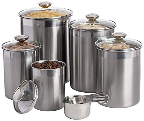 Airtight Canisters Sets for the Kitchen Counter - Stainless Steel Food Storage Containers with Glass Lids for Tea Coffee Sugar Flour Baking Dry Storage, Metal Pantry Canister - Extra Large 10PCS
