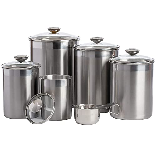 Airtight Canisters Sets for the Kitchen Counter - Stainless Steel Food Storage Containers with Glass Lids for Tea Coffee Sugar Flour Baking Dry Storage, Metal Pantry Canister - Extra Large 10PCS