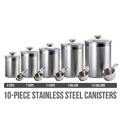 Airtight Canisters Sets for the Kitchen Counter - Stainless Steel Food Storage Containers with Glass Lids for Tea Coffee Sugar Flour Baking Dry Storage, Metal Pantry Canister - Extra Large 10PCS