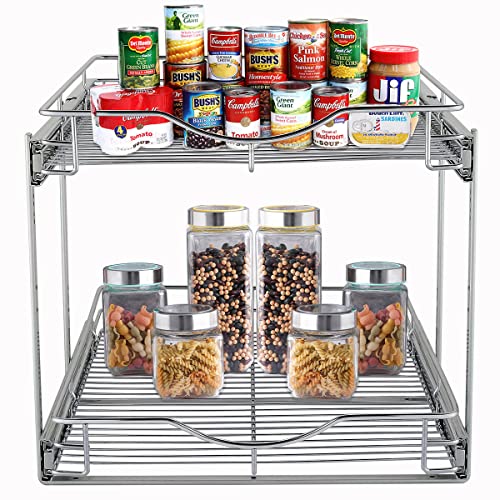 DINDON 2 Tier Pull Out Cabinet Organizer(11" W X 21" D ), Double Tier Wire Basket Slide Out Shelf Storage for Kitchen Base Cabinet Organization ​for Kitchen, Pantry, Bathroom, Chrome