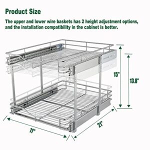 DINDON 2 Tier Pull Out Cabinet Organizer(11" W X 21" D ), Double Tier Wire Basket Slide Out Shelf Storage for Kitchen Base Cabinet Organization ​for Kitchen, Pantry, Bathroom, Chrome