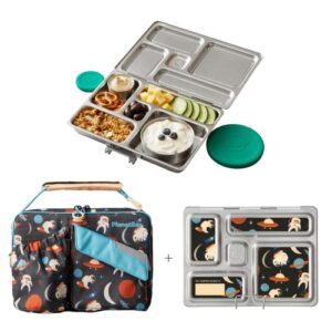 planetbox rover stainless steel bento lunch box with 5 compartments for adults and kids, space animals carry bag and magnets