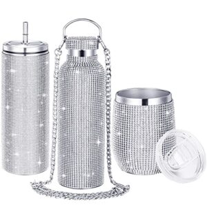 youyole 3 pcs diamond water bottle rhinestone water bottle glitter tumbler thermal with chain bling cups with lids rhinestones stainless steel thermal for women girl (classic style)