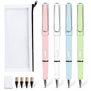 lyomied 4pcs inkless pencils eternal, everlasting pencil with eraser, and 4 replacement nibs,unlimited writing, reusable infinity pencil, no-sharpening pencils for kids student writing sketch