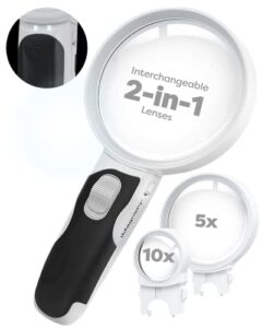 imagniphy powerful magnifying glass with light- senior citizen gifts- 5x & 10x handheld magnifying glass with 2 interchangeable lenses- lighted magnifier for seniors with macular degeneration