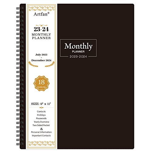 2023-2024 Monthly Planner/Calendar - 18-Month Planner with Tabs & Pocket, July 2023 - December 2024, Contacts and Passwords, 8.5" x 11", Thick Paper, Twin-Wire Binding - Black