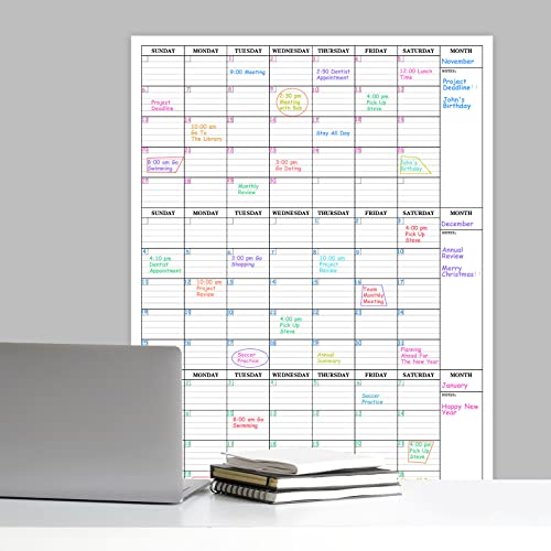 Large Dry Erase Calendar for Wall - 3 Month Vertical Wall Calendar, Blank Reusable Monthly Quarterly Calendar Planner Undated, 27.8" x 41" Whiteboard Calendar, Laminated Organizer for Home, Office