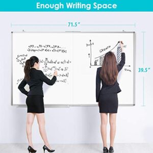 Large Magnetic Whiteboard, maxtek 72 x 40 Magnetic Dry Erase Board Foldable with Marker Tray 1 Eraser 3 Markers and 6 Magnets| Wall-Mounted Aluminum Memo White Board for Office Home and School