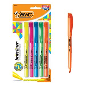 bic brite liner highlighter, chisel tip, assorted colors, for broad highlighting or fine underlining, 5 count (pack of 1)