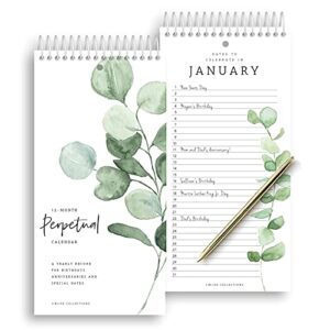 bliss collections perpetual calendar, important dates to remember, greenery monthly and daily wall hanging organizer for important dates, birthdays, anniversaries and special days, 5″x10″ (12 sheets)