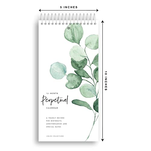 Bliss Collections Perpetual Calendar, Important Dates to Remember, Greenery Monthly and Daily Wall Hanging Organizer for Important Dates, Birthdays, Anniversaries and Special Days, 5"x10" (12 Sheets)