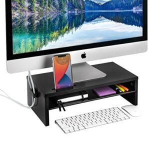 monitor stand – two tier wood desk shelf for monitor, printer or desktop computer. cable management, phone slot and removable shelf for organizing office accessories. (black)