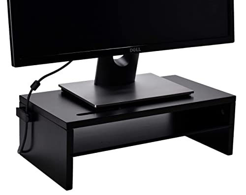 Monitor Stand - Two Tier Wood Desk Shelf for Monitor, Printer or Desktop Computer. Cable Management, Phone Slot and Removable Shelf for Organizing Office Accessories. (Black)