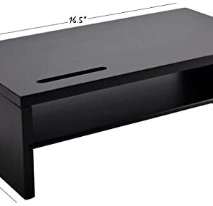 Monitor Stand - Two Tier Wood Desk Shelf for Monitor, Printer or Desktop Computer. Cable Management, Phone Slot and Removable Shelf for Organizing Office Accessories. (Black)