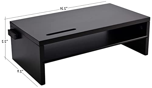 Monitor Stand - Two Tier Wood Desk Shelf for Monitor, Printer or Desktop Computer. Cable Management, Phone Slot and Removable Shelf for Organizing Office Accessories. (Black)