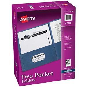 avery two pocket folders, holds up to 40 sheets, business card slot, 25 dark blue folders (47985)