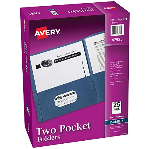 Avery Two Pocket Folders, Holds up to 40 Sheets, Business Card Slot, 25 Dark Blue Folders (47985)