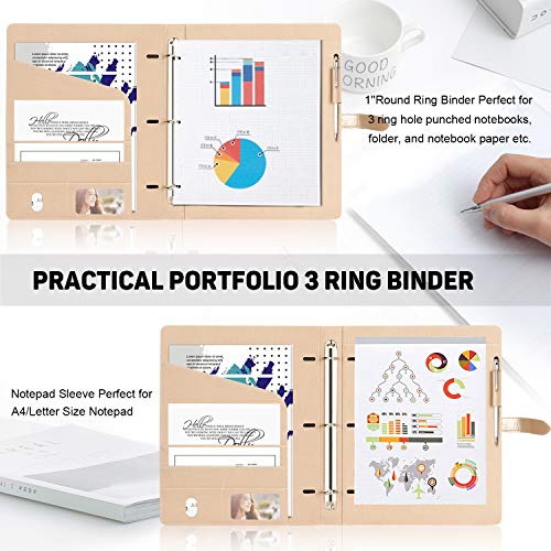 Toplive Padfolio 3 Ring Binder (1'' Round Ring) Business Portfolio Folder for Interview, Conference and Presentation, Gold