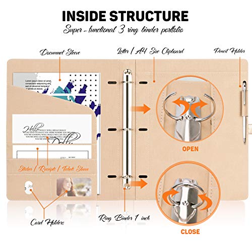 Toplive Padfolio 3 Ring Binder (1'' Round Ring) Business Portfolio Folder for Interview, Conference and Presentation, Gold