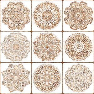9 pack 12×12 inches mandala stencils for painting on wood, floor, tile fabric, resuable furniture stencils painting template