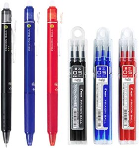 pilot frixion ball knock retractable erasable gel ink pens, extra fine point 0.5mm, black/blue/red ink, 3 pens & 9 refills value set