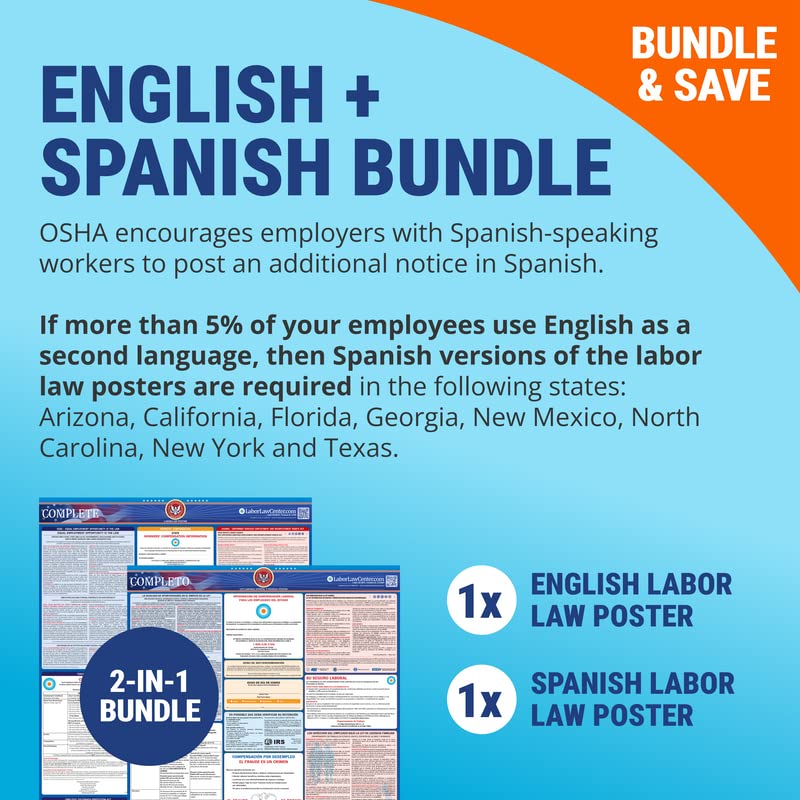 2023 California State & Federal Labor Law Poster - OSHA Workplace Compliant & Required - Current with Mandatory Updates for 2023 - UV Laminated & Waterproof - 25" x 39" (English)