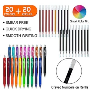 Smart Color Art 40 Pack Set, 20 Colored Gel Pens With 20 Matched Refills, Medium Point Retractable Gel Ink Pens With Comfortable Grip, Great for Journal Notebook Planner in School Office