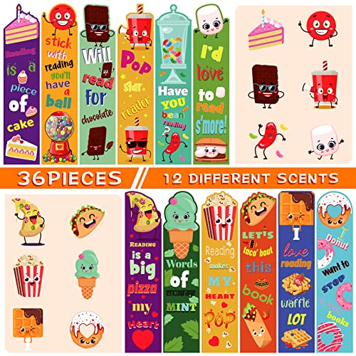 36 Pieces Scented Bookmarks Fruit Scratch and Sniff Bookmarks Fun Book Marks Classroom Bookmarks Colorful Chocolate Popcorn Donut Dessert Bookmarks for Kids Teenagers School Office Home, 12 Styles