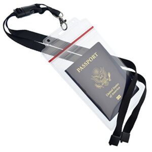 Passport Holders - 2 Pack - Heavy Duty Water and Tear Resistant Resealable Sleeves & Premium Breakaway Lanyard - 4X6 Insert for Vaccination Cards, Cruise, Travel, and Beach Vacation Documents (Black)