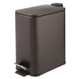 mdesign slim metal rectangle 1.3 gallon trash can with step pedal, easy-close lid, removable liner – narrow wastebasket garbage container bin for bathroom, bedroom, kitchen, office – bronze