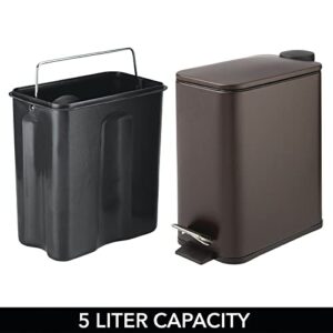 mDesign Slim Metal Rectangle 1.3 Gallon Trash Can with Step Pedal, Easy-Close Lid, Removable Liner - Narrow Wastebasket Garbage Container Bin for Bathroom, Bedroom, Kitchen, Office - Bronze