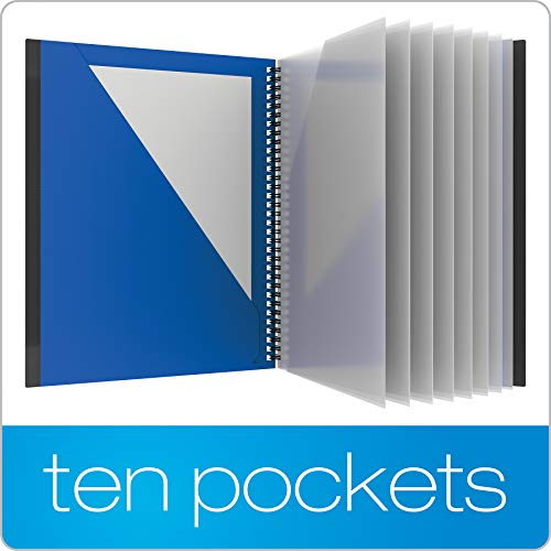 Oxford 10 Pocket Folder, Sturdy Plastic Spiral Portfolio, Anti-Tear Edges, 8 Clear Pockets, 2 Diagonal Interior Pockets, Letter Size, Blue (89331)