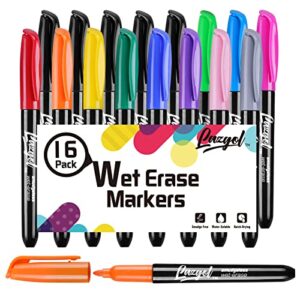 wet erase markers, lazgol bulk pack of 16 (12 vibrant colors) fine tip overhead transparency smudge free markers for dry erase whiteboard, refrigerator calendars, glass, films and any kind of wet erase surface, erase with water
