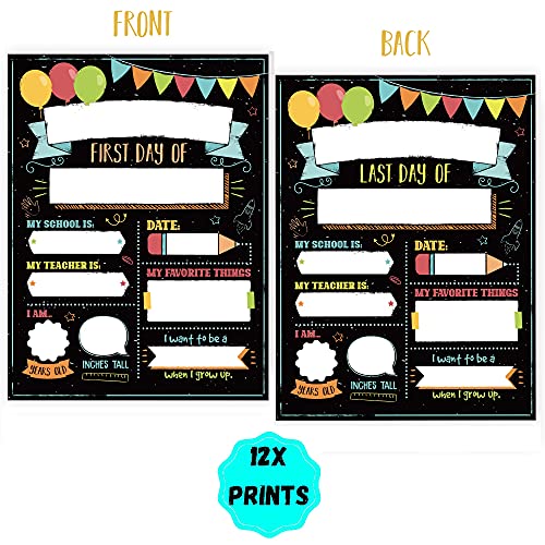 Beautiful First and Last Day of School Board Signs Set of 12 - Reversible 12" x 9" Back to School Cards for Lasting Memories - Perfect Photo Prop Chalkboard Prints for Kindergarten and School