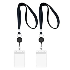 carryluxe lanyard with id holder sets (black,2 pack)- flat polyester id lanyard with retractable badge reel & vinyl name badge holder