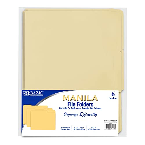 BAZIC Manila File Folder 1/3 Cut Letter Size, Left Right Center Tabs Positions, for Organizing Filing Document Storage, Total 6-Count