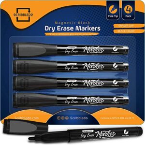 scribbledo 4 pack magnetic dry erase markers fine tip black color low odor whiteboard markers with eraser cap thin skinny white board markers for kids adults students teachers home & school