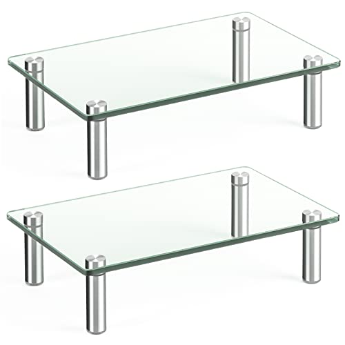 Rfiver Dual Glass Monitor Stand Riser, 2 Pack Computer Monitor Riser, Clear Monitor Stand for Desk, Create More Storage Space Under for Screens/Laptops/Printers