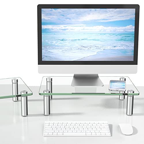 Rfiver Dual Glass Monitor Stand Riser, 2 Pack Computer Monitor Riser, Clear Monitor Stand for Desk, Create More Storage Space Under for Screens/Laptops/Printers