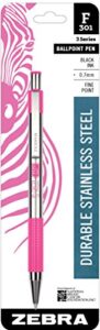 zebra pen f-301 retractable ballpoint pen, stainless steel barrel with bca pink accents, fine point, 0.7mm, black ink, 1-pack